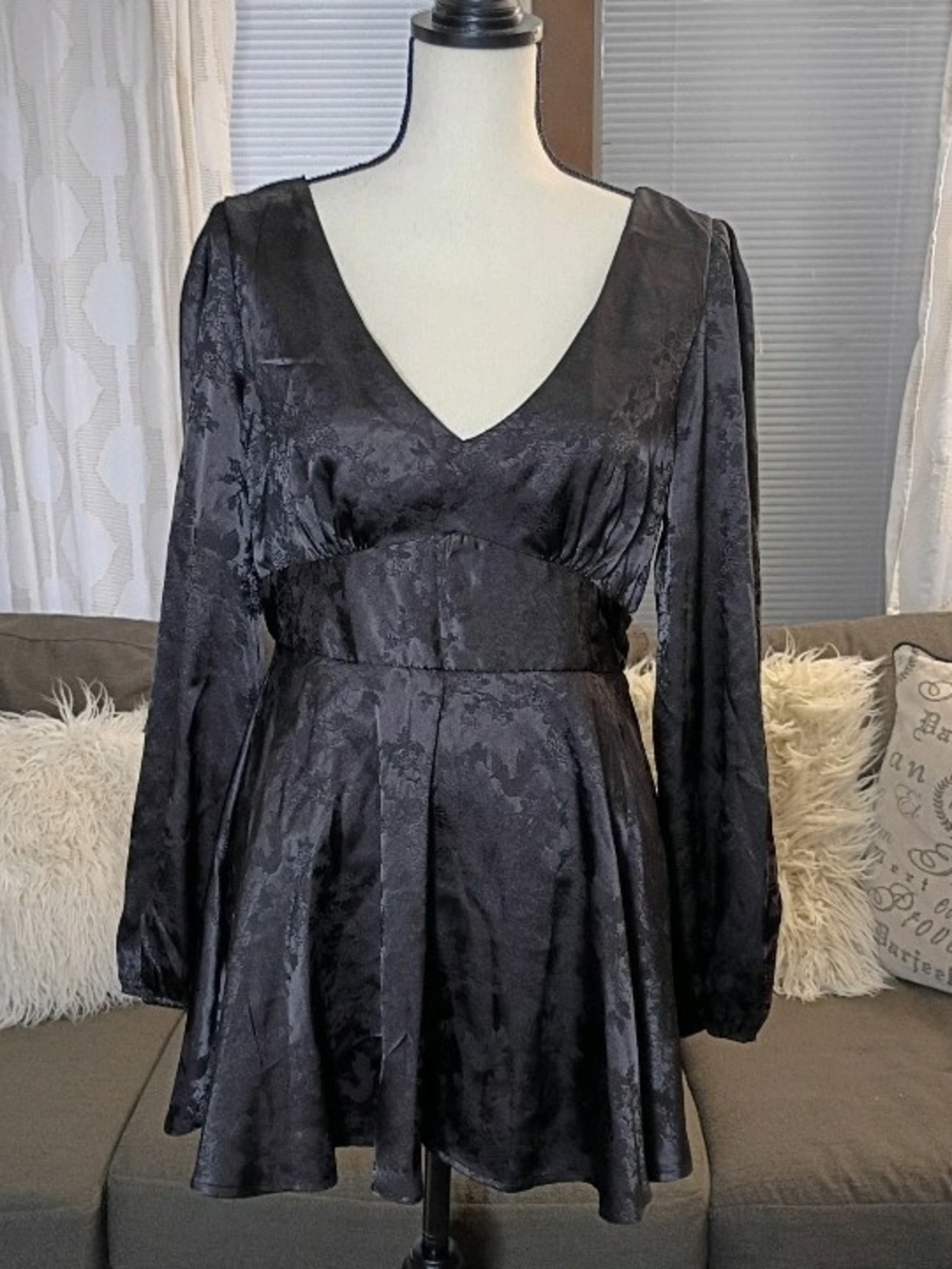 Allison & Kelly Black On Black Floral Long Sleeve Whimsigoth Mini Dress, Large